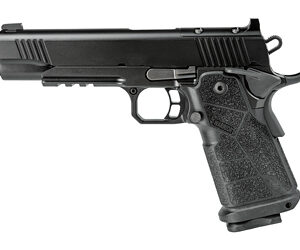 Handgun with black slide and textured grip for secure handling.