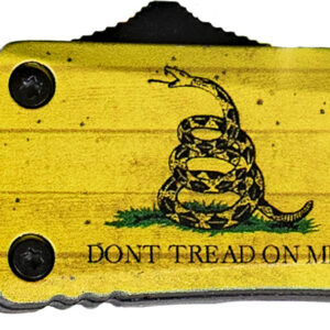 Folding knife featuring an American flag and eagle graphic, with a black blade and yellow handle.
