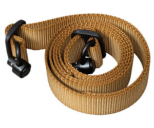 Gun belt with black buckle, tan nylon strap, coiled for display.