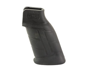 Close-up of a black firearm grip with textured surface for secure handling.