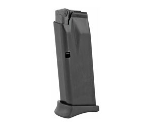 Black firearm magazine for semi-automatic pistols, compact and durable.
