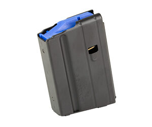 Durable black and blue firearm magazine for reliable ammunition storage.