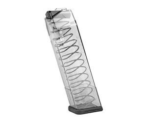 High-capacity firearm magazine with a transparent body and spring mechanism.