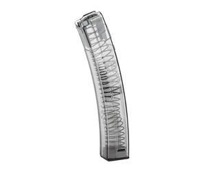 Transparent firearm magazine with visible spring mechanism.