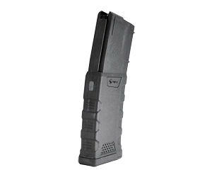Firearm magazine for tactical rifles, black, with textured grip.