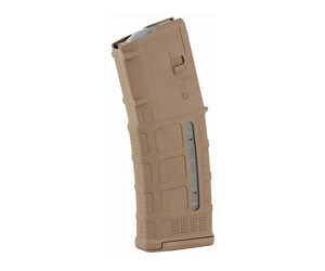 Magpul PMAG rifle magazine in tan, high-capacity, durable polymer construction.