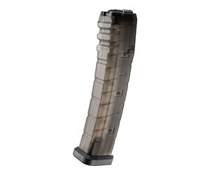 Rifle magazine with transparent body and black base.