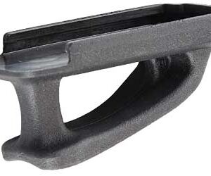 A close-up of a firearm accessory, showcasing a black and gray gun part with a textured surface.
