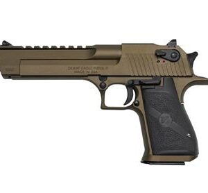Desert Eagle semi-automatic pistol in tan finish with textured grip and tactical sights.