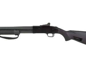 Pump-action shotgun with black synthetic stock and barrel.
