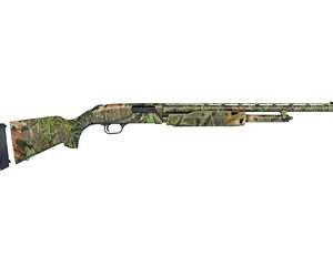 Camouflage shotgun with scope for hunting or sport shooting.
