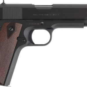 Gun with wooden grip and black metal slide, displayed in a side view.