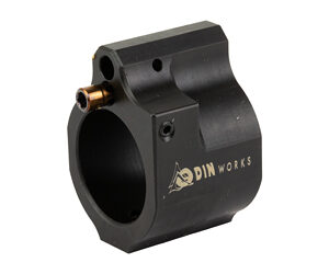 Black firearm accessory with gold logo, compact and sturdy design.