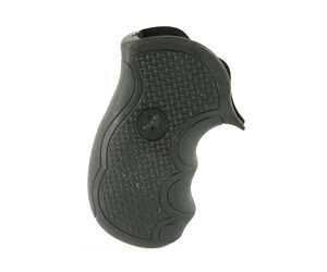 Close-up of a black textured handgun grip for improved handling.