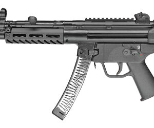 Modern tactical firearm with a detachable magazine and rail system.