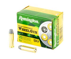 Remington wheelgun ammunition box with two bullets in front.