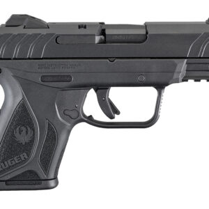 Black semi-automatic pistol with ergonomic grip and compact design.