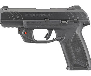 Pistol firearm with black finish and ergonomic grip, ready for use.