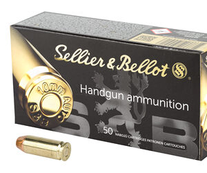 Sellier & Bellot handgun ammunition box with 50 cartridges for firearms.