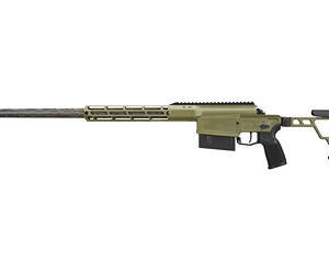 Sniper rifle with adjustable stock and long barrel for precision shooting.