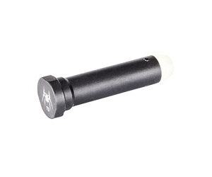 Black firearm accessory with white tip on a white background.