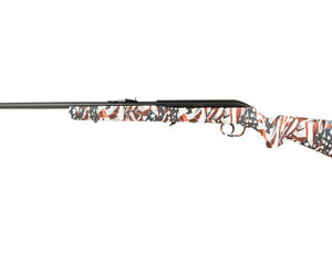 Long-range rifle with camouflage stock and scope for hunting or shooting sports.