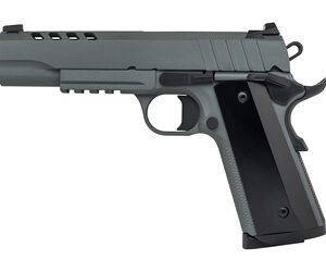 Semi-automatic handgun with a sleek black finish and textured grip for secure handling.