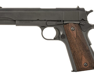 A semi-automatic pistol featuring a black slide and textured wooden grip for secure handling.