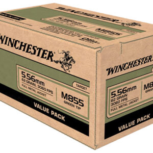 Winchester 5.56mm full metal jacket ammunition box for firearms.