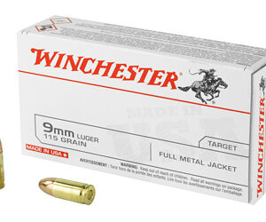 Winchester 9mm Luger 115 Grain Full Metal Jacket bullets for target shooting.