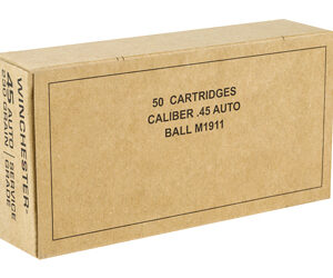 Cardboard box containing 50 .45 Auto caliber ammunition cartridges.
