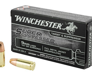 Winchester 9mm Luger target and suppressor ammunition with full metal jacket.