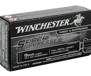 Winchester 9mm Luger ammunition box with target and suppressor label.