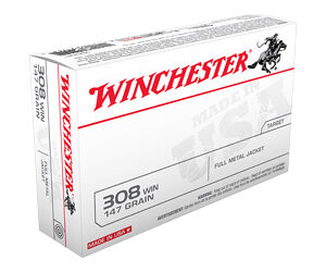 Winchester 308 Win rifle ammunition with 140 grain full metal jacket. Perfect for hunting and target.