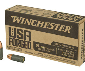 Winchester 9mm Luger ammunition with steel case and brass head core.