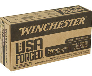 Winchester USA Forged 9mm Luger ammunition in a cardboard box.