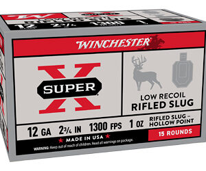 Winchester Super X 12 Gauge shotgun shell box with low recoil and hollow point features.