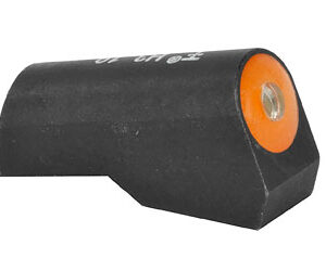 Firearm silencer with black and orange finish, designed for noise reduction.