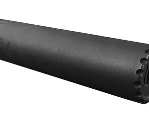 Suppressor for rifles and handguns, black finish, cylindrical design.