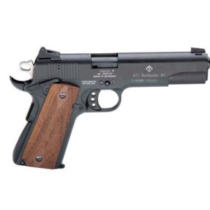 High-quality handgun with wooden grip and metal slide.
