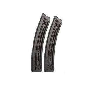 Two black firearm magazines for rifles or handguns.