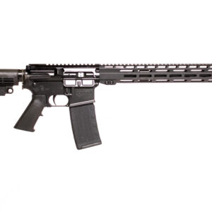 Black tactical rifle with adjustable stock and extended handguard for precision shooting.