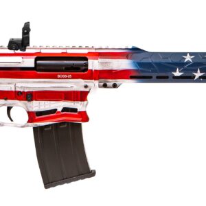 American flag-themed tactical rifle with adjustable stock and scope mount.