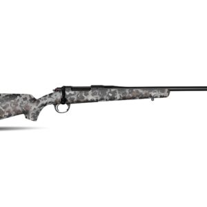 Hunting rifle featuring a digital camouflage pattern and a long barrel.