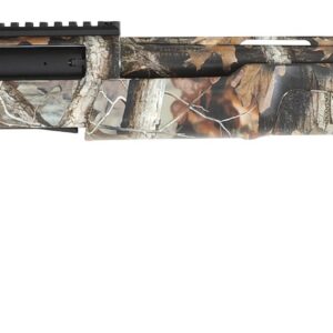 Camouflage-patterned hunting rifle with scope and ergonomic stock.