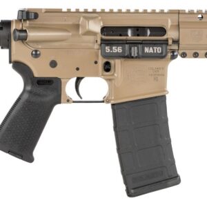 M4 carbine rifle with suppressor, tan finish, tactical design, and magazine.