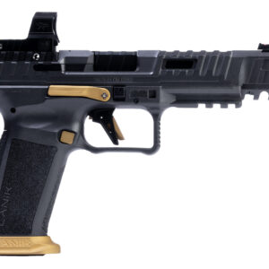 Modern semi-automatic pistol with black finish and gold details, suitable for personal defense and s.