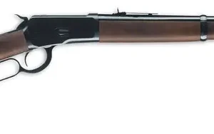 Lever-action rifle with wooden stock and metal barrel for hunting and shooting.