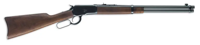 Lever-action rifle with wooden stock and metal barrel for hunting and shooting.