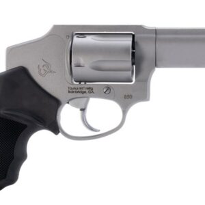 Revolver firearm with a silver finish and black grip, designed for self-defense and shooting sports.